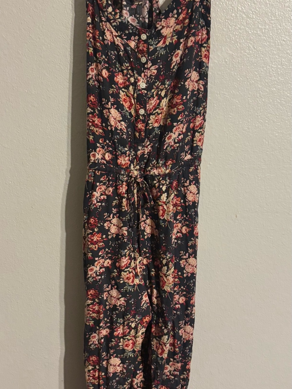 Floral Navy Button-Front Jumpsuit with Drawstring Waist